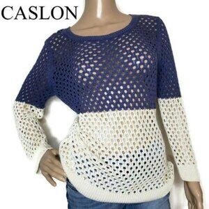 Caslon Womens Mesh Knit Sweater Colorblock Navy & White Cotton Long Sleeve M